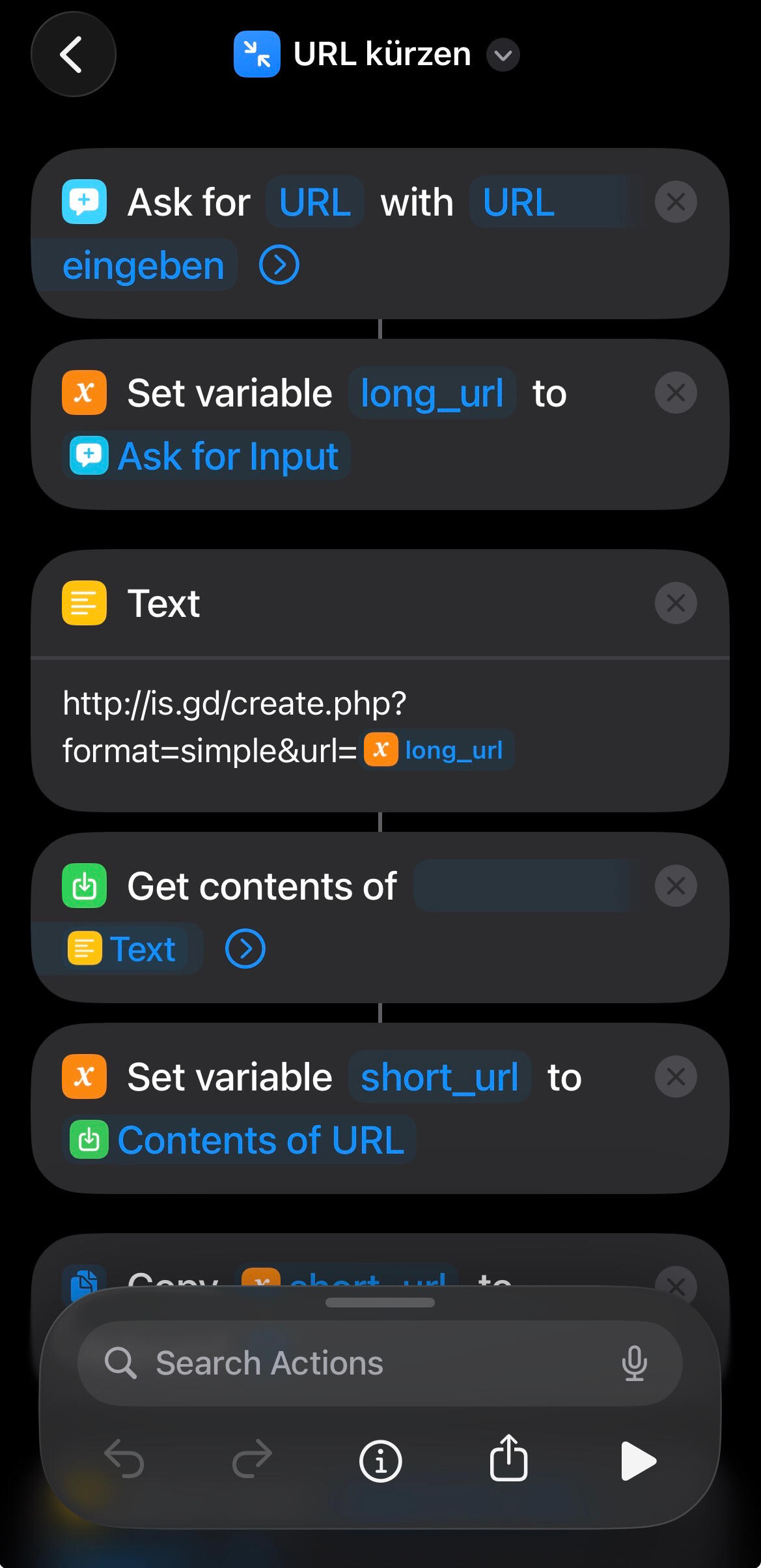 Ansicht beim Erstellen eines Kurzbefehls